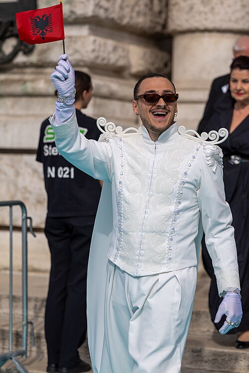 Alis representing Albania on the Turquoise Carpet at the 2026 Eurovision Song Contest in Vienna