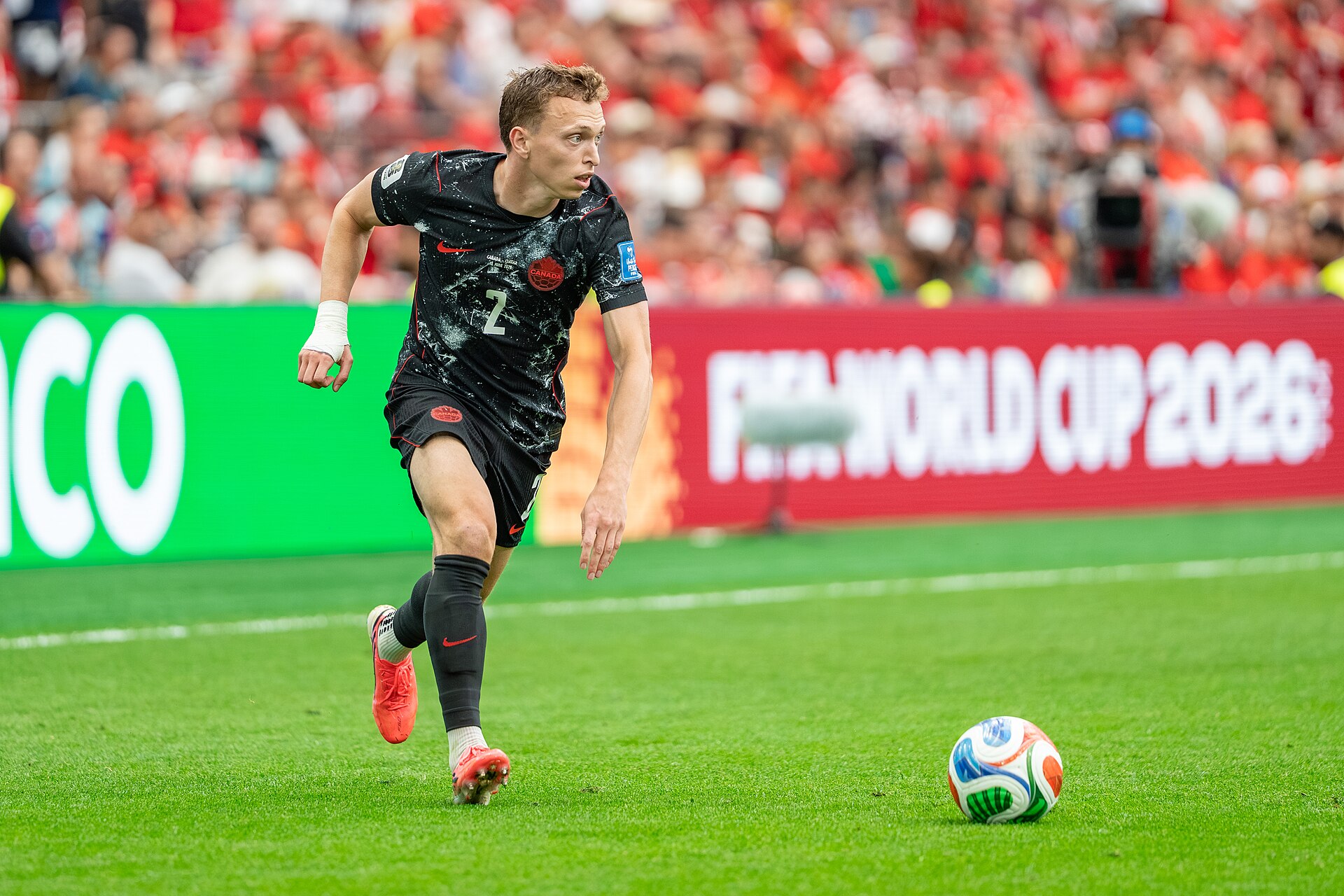 Alistair Johnston during Canada v Qatar on 18 June 2026 at the 2026 FIFA World Cup