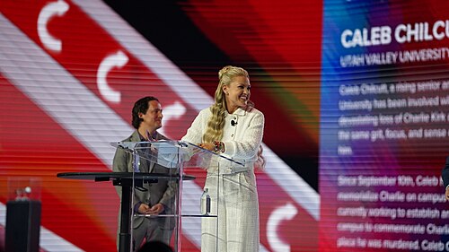 Erika Kirk presenting the Charlie Kirk Courage Award at AmericaFest 2025 (December 20, 2025)