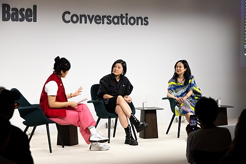 Angelle Siyang-Le, Betty Ng, and Angelika Li at the Art Basel international art fair in Basel, Switzerland in June 2025.