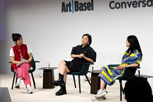Angelle Siyang-Le, Betty Ng, and Angelika Li at the Art Basel international art fair in Basel, Switzerland in June 2025.