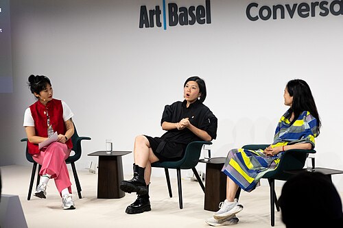 Angelle Siyang-Le, Betty Ng, and Angelika Li at the Art Basel international art fair in Basel, Switzerland in June 2025.