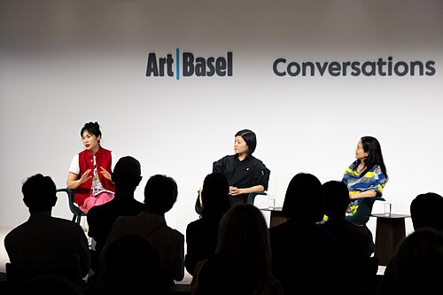 Angelle Siyang-Le, Betty Ng, and Angelika Li at the Art Basel international art fair in Basel, Switzerland in June 2025.