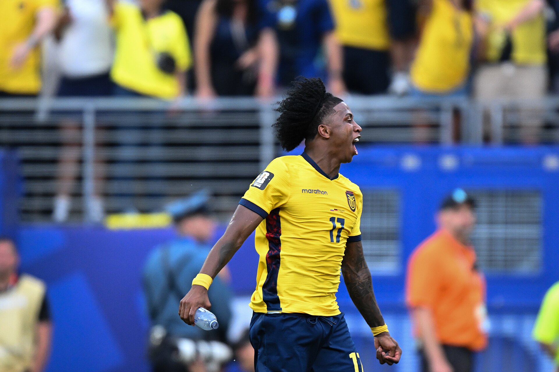 EAST RUTHERFORD, UNITED STATES - June 25: Angelo Preciado #17 of Ecuador reacts with tears after winning the FIFA World Cup 2026 Group E match between Ecuador  and  Germany on June 25, 2026 MetLife Stadium, East Rutherford, New Jersey