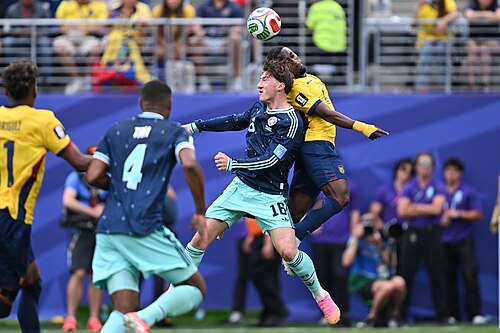 EAST RUTHERFORD, UNITED STATES - June 25: Angelo Stiller #16 of Germany battles in the air with John Yeboah #9 of Ecuador during the FIFA World Cup 2026 Group E match between Ecuador  and  Germany on June 25, 2026 MetLife Stadium, East Rutherford, New Jersey