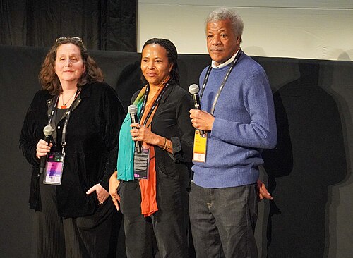Anne de Mare, Liani Greaves, and David Greaves during QA at the premiere of Once Upon a Time in Harlem during the 2026 Sundance Festival