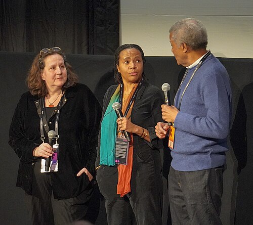 Anne de Mare, Liani Greaves, and David Greaves during QA at the premiere of Once Upon a Time in Harlem during the 2026 Sundance Festival