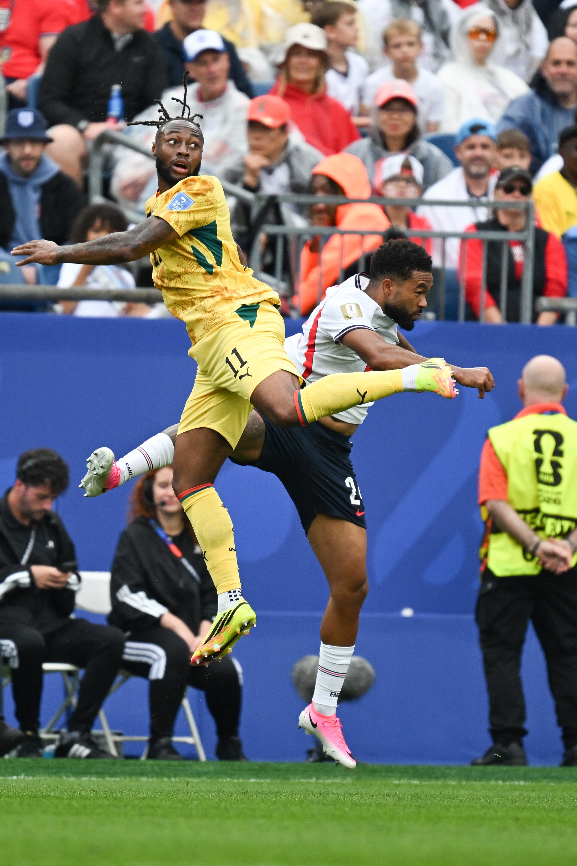 FOXBOROUGH , UNITED STATES - June 23: Antoine Semenyo #11 of Ghana battles in the air with Reece James #24 of England during the FIFA World Cup 2026 Group I match between England and Ghana on June 23, 2026 Boston Stadium , Foxborough, Massachusetts