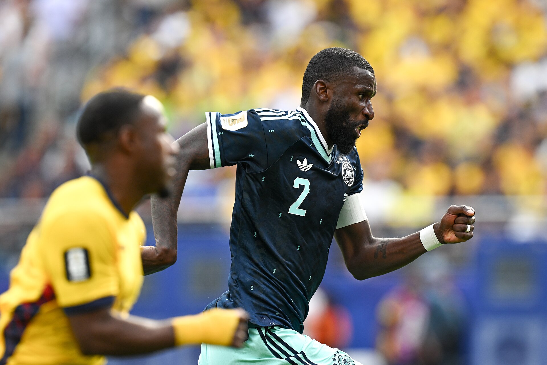 EAST RUTHERFORD, UNITED STATES - June 25: Antonio Rudiger #2 of Germany battles for possession during the FIFA World Cup 2026 Group E match between Ecuador  and  Germany on June 25, 2026 MetLife Stadium, East Rutherford, New Jersey