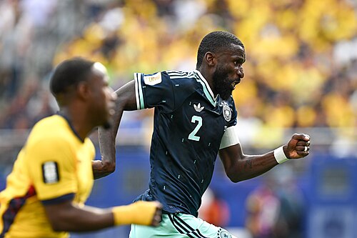 EAST RUTHERFORD, UNITED STATES - June 25: Antonio Rudiger #2 of Germany battles for possession during the FIFA World Cup 2026 Group E match between Ecuador  and  Germany on June 25, 2026 MetLife Stadium, East Rutherford, New Jersey