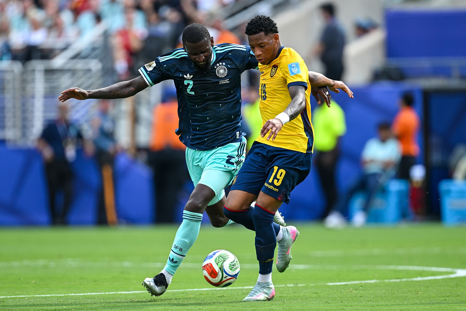 EAST RUTHERFORD, UNITED STATES - June 25: Antonio Rudiger #2 of Germany battles for possession with Gonzalo Plata #19 of Ecuador during the FIFA World Cup 2026 Group E match between Ecuador  and  Germany on June 25, 2026 MetLife Stadium, East Rutherford, New Jersey
