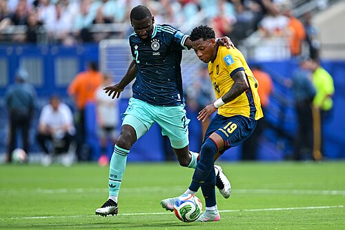 EAST RUTHERFORD, UNITED STATES - June 25: Antonio Rudiger #2 of Germany battles for possession with Gonzalo Plata #19 of Ecuador during the FIFA World Cup 2026 Group E match between Ecuador  and  Germany on June 25, 2026 MetLife Stadium, East Rutherford, New Jersey