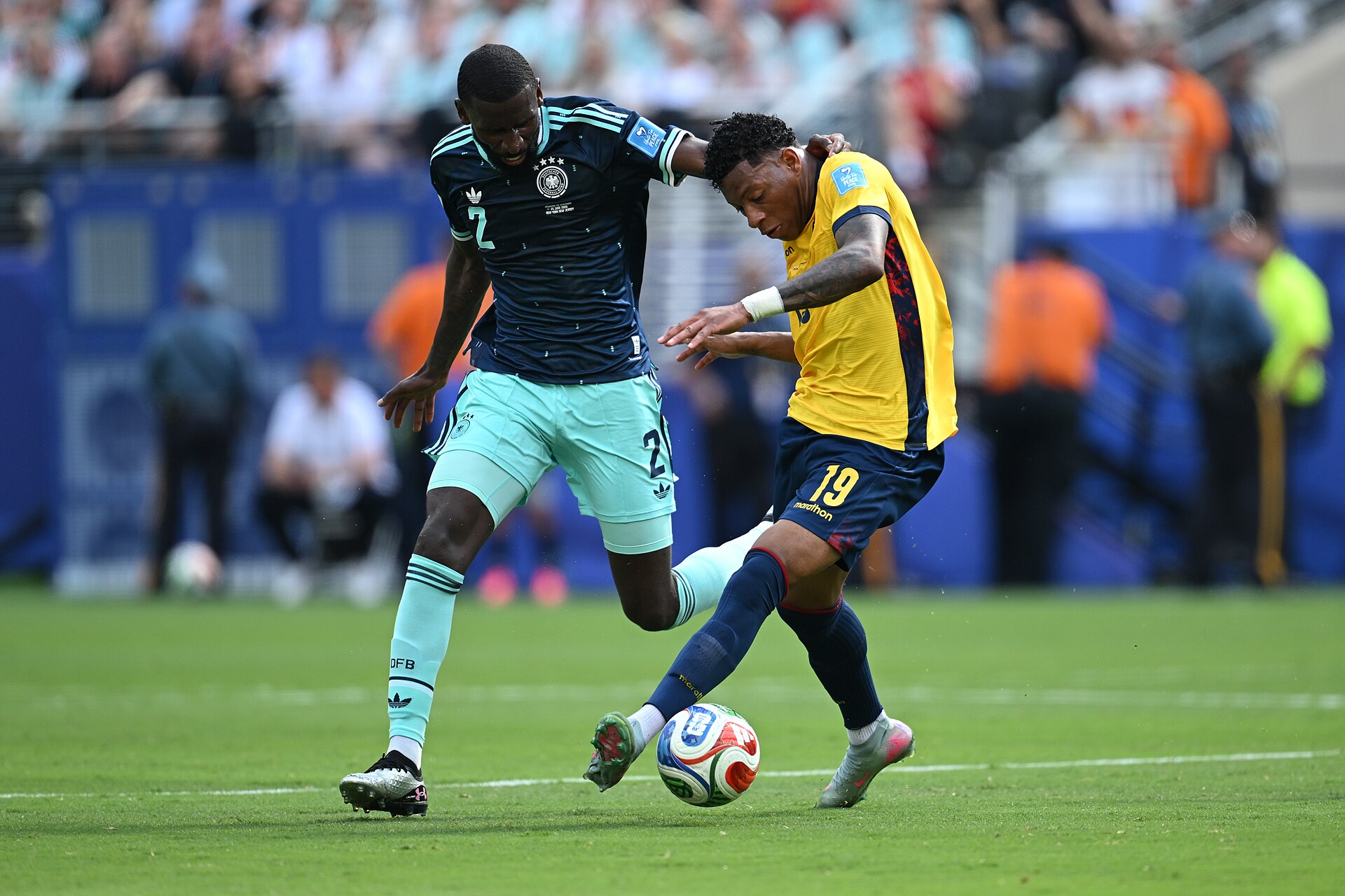 EAST RUTHERFORD, UNITED STATES - June 25: Antonio Rudiger #2 of Germany battles for possession with Gonzalo Plata #19 of Ecuador during the FIFA World Cup 2026 Group E match between Ecuador  and  Germany on June 25, 2026 MetLife Stadium, East Rutherford, New Jersey