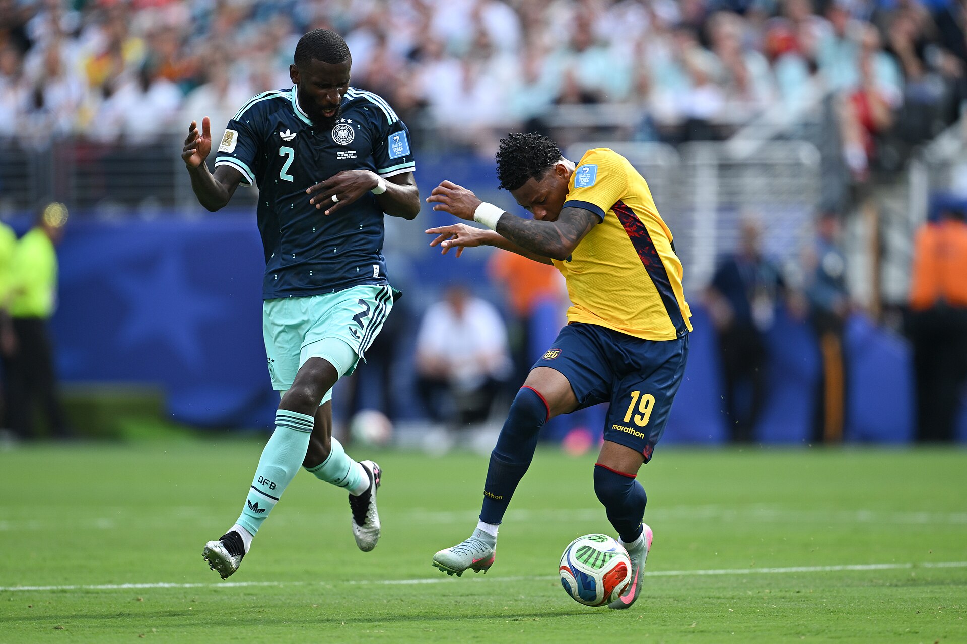 EAST RUTHERFORD, UNITED STATES - June 25: Antonio Rudiger #2 of Germany battles for possession with Gonzalo Plata #19 of Ecuador during the FIFA World Cup 2026 Group E match between Ecuador  and  Germany on June 25, 2026 MetLife Stadium, East Rutherford, New Jersey