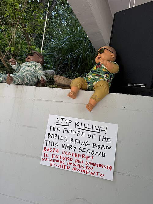 Artists on strike at the Japan Pavilion at the 2026 Venice Biennale on strike May 8, 2026 to protest the inclusion of Israel in the art exhibition. Numerous pavilions closed for all or part of the day.
