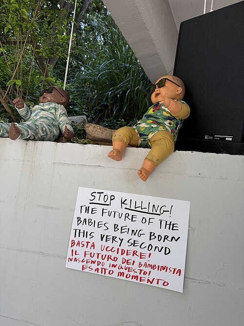 Artists on strike at the Japan Pavilion at the 2026 Venice Biennale on strike May 8, 2026 to protest the inclusion of Israel in the art exhibition. Numerous pavilions closed for all or part of the day.
