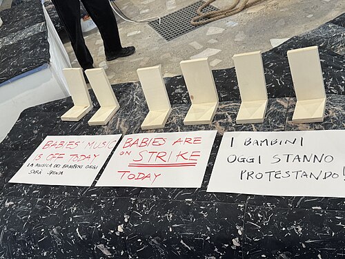 Artists on strike at the Japan Pavilion at the 2026 Venice Biennale on strike May 8, 2026 to protest the inclusion of Israel in the art exhibition. Numerous pavilions closed for all or part of the day.