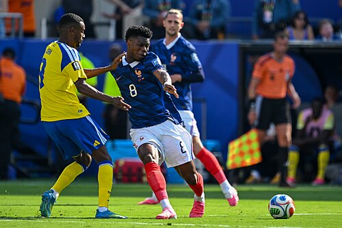EAST RUTHERFORD, UNITED STATES - June 30: Aurelien Tchouameni #8 of France is in action against Alexander Isak #9 of Sweden during the FIFA World Cup 2026 round of 32 match between France  and Sweden on June 30, 2026 MetLife Stadium, East Rutherford, New Jersey