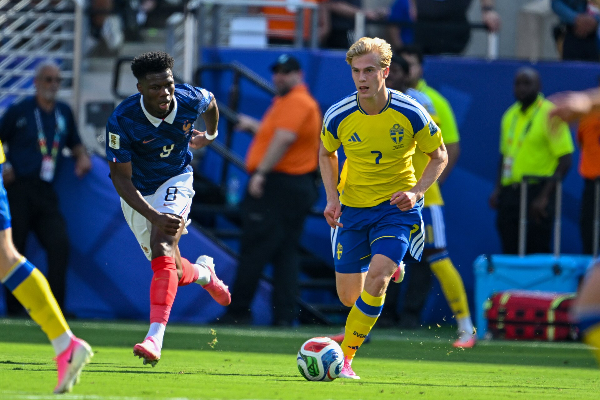 EAST RUTHERFORD, UNITED STATES - June 30: Aurelien Tchouameni #8 of France is in action against Lucas Bergvall #7 of France during the FIFA World Cup 2026 round of 32 match between France  and Sweden on June 30, 2026 MetLife Stadium, East Rutherford, New Jersey