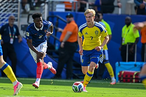 EAST RUTHERFORD, UNITED STATES - June 30: Aurelien Tchouameni #8 of France is in action against Lucas Bergvall #7 of France during the FIFA World Cup 2026 round of 32 match between France  and Sweden on June 30, 2026 MetLife Stadium, East Rutherford, New Jersey
