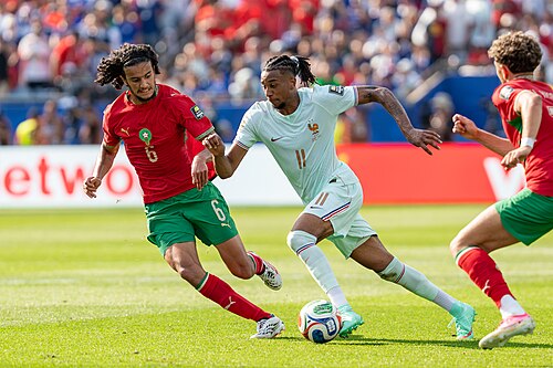 Ayyoub Bouaddi Michael Olise during France v Morocco at the 2026 FIFA World Cup