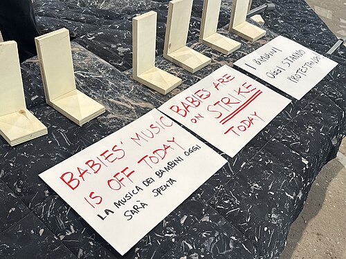 Artists on strike at the Japan Pavilion at the 2026 Venice Biennale on strike May 8, 2026 to protest the inclusion of Israel in the art exhibition. Numerous pavilions closed for all or part of the day.