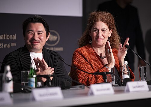 Bao Nguyen and Annemarie Jacir at the Displacement Film Fund press conference at 2026 Cannes Film Festival.