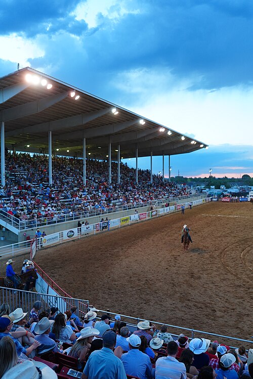 SHERIDAN, WYOMING, UNITED STATES - July 10, 2026: Bleacher stands at 2026 Sheridan WYO Rodeo.