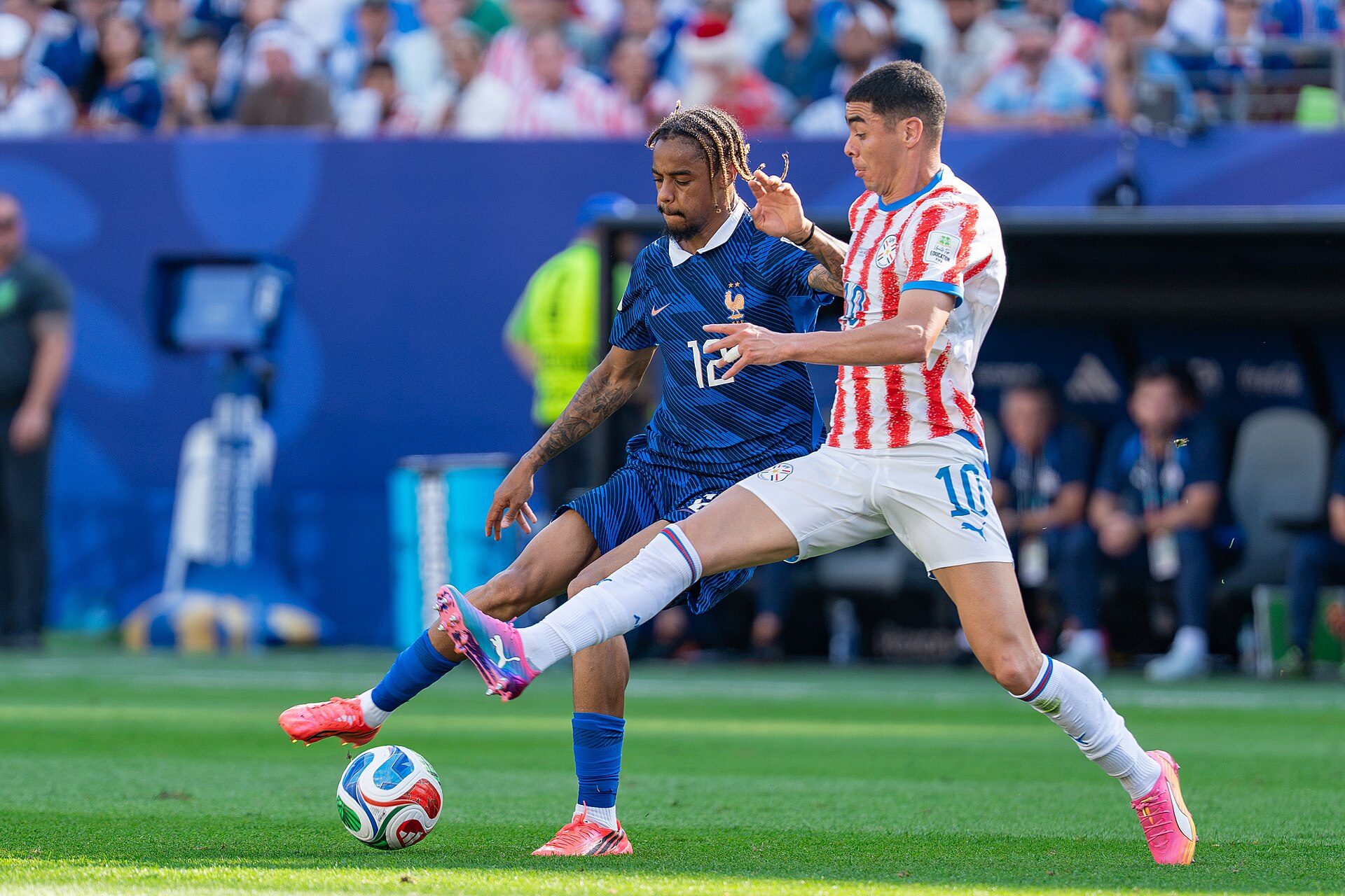 Bradley Barcola Miguel Almiron during France v Paraguay at the 2026 FIFA World Cup