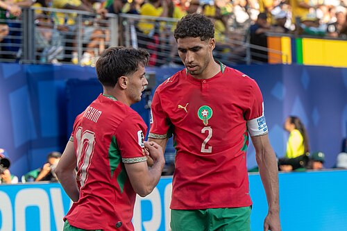 Brahim Diaz Achraf Hakimi during Brazil v Morocco on 13 June 2026 at the 2026 FIFA World Cup at NY/NJ Stadium in East Rutherford, NJ