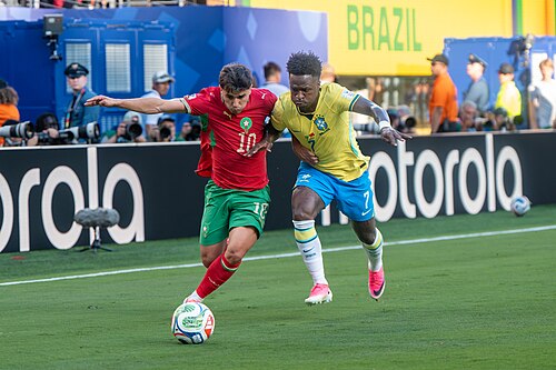 Brahim Diaz Vinicius Junior during Brazil v Morocco on 13 June 2026 at the 2026 FIFA World Cup at NY/NJ Stadium in East Rutherford, NJ