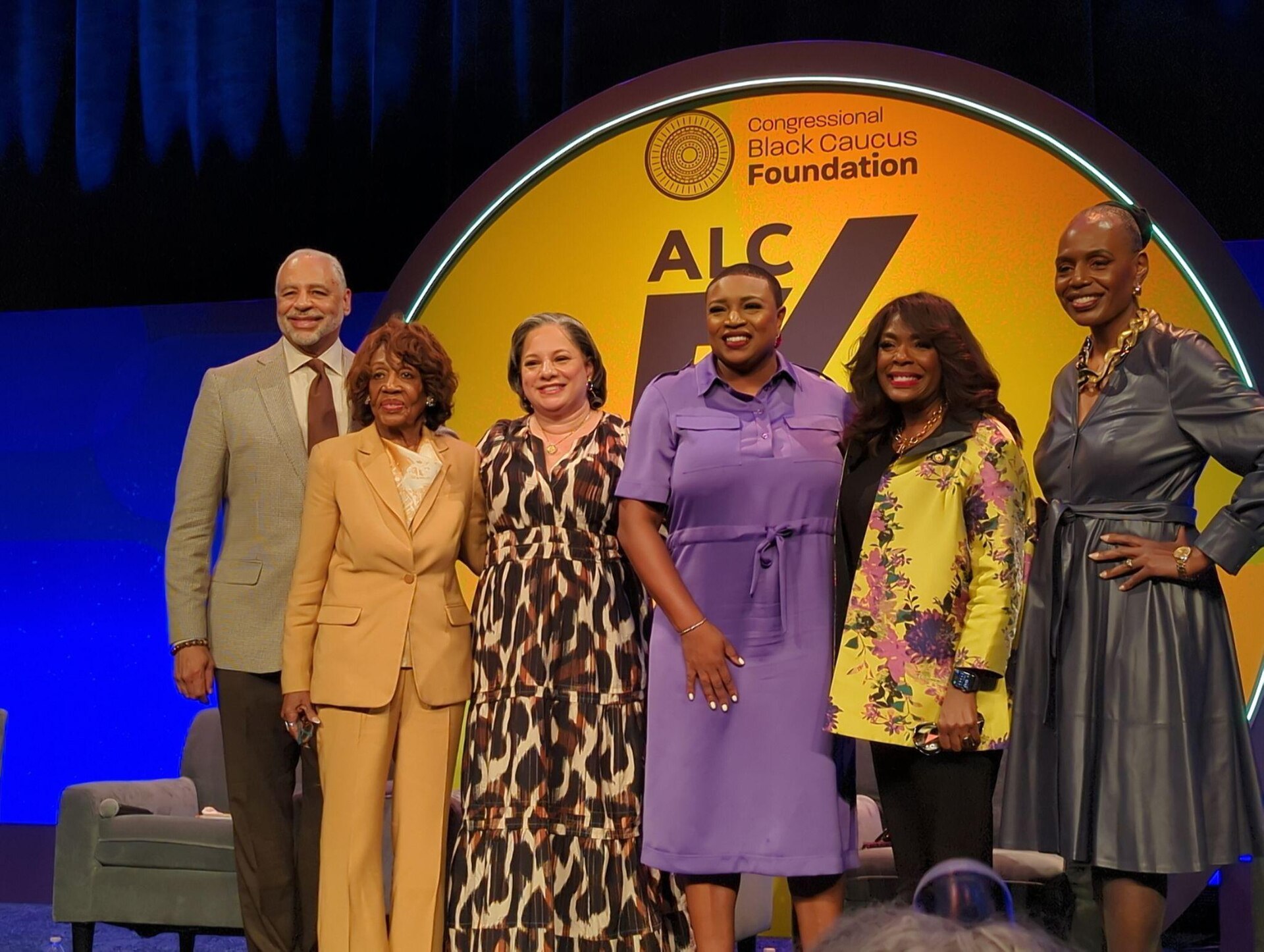 Panel 1 of the National Town Hall at the 2025 Congressional Black Caucus Foundation Annual Legislative Conference: Ed Gordon, Maxine Waters, Jennifer McClellan, Rev. Shavon Arline-Bradley, Terri Sewell, and Nicole Austin-Hillery