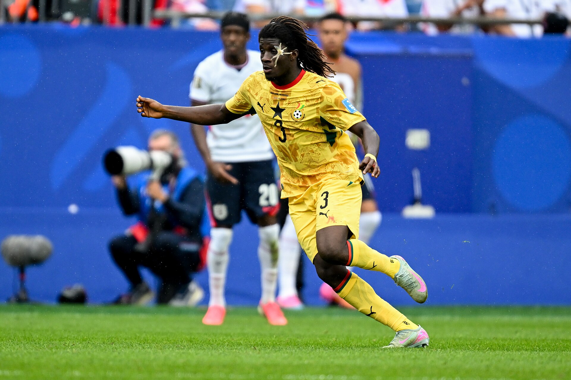 FOXBOROUGH, UNITED STATES - June 23: Caleb Yirenkyi #3 of Ghana during the FIFA World Cup 2026 Group L match between England and Ghana on June 23, 2026 Boston Stadium , Foxborough, Massachusetts