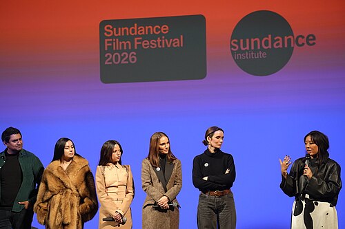 Cast and crew at the Q&A after The Gallerist Premiere at the 2026 Sundance Film Festival