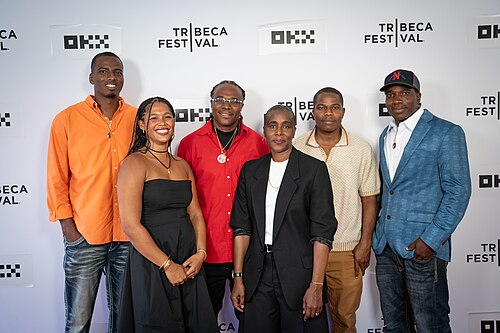 Cast (back row, L to R) Willis "Shun" Nelson, Willie "Bo" Nelson, Adrain "A-Earl" Nelson, and Courtney "Chops" Nelson, and Co-Directors (front row) Hyacinth Parker (L) and Natalie Baszile (R) of HARVEST at Tribeca Film Festival 2026.