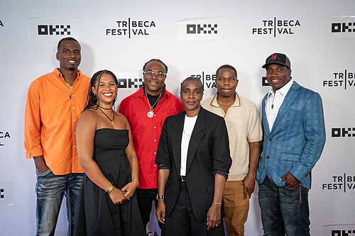 Cast (back row, L to R) Willis "Shun" Nelson, Willie "Bo" Nelson, Adrain "A-Earl" Nelson, and Courtney "Chops" Nelson, and Co-Directors (front row) Hyacinth Parker (L) and Natalie Baszile (R) of HARVEST at Tribeca Film Festival 2026.