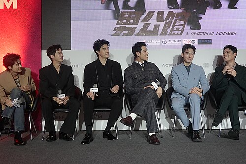 Cast of A Controversial Entertainer at press conference at 2025 Busan International Film Festival. From left to right: Shih Chih-tian, Ben Wu, Wes Lo, Alex Chou, Marcus Chang and Andy Chen