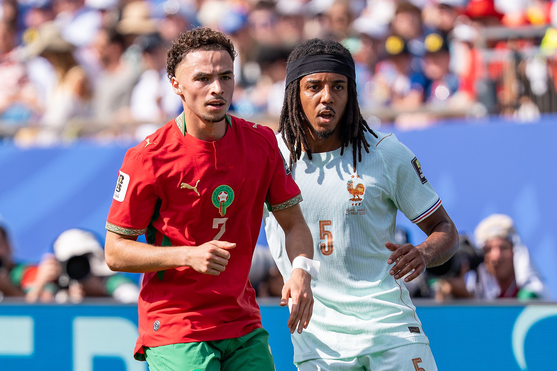 Chemsdine Talbi Jules Kounde during France v Morocco at the 2026 FIFA World Cup