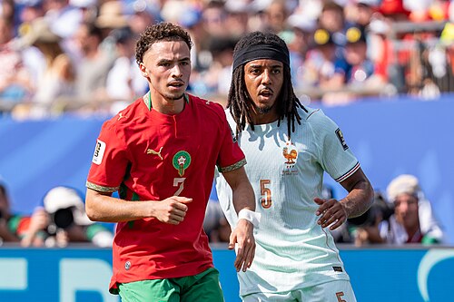 Chemsdine Talbi Jules Kounde during France v Morocco at the 2026 FIFA World Cup