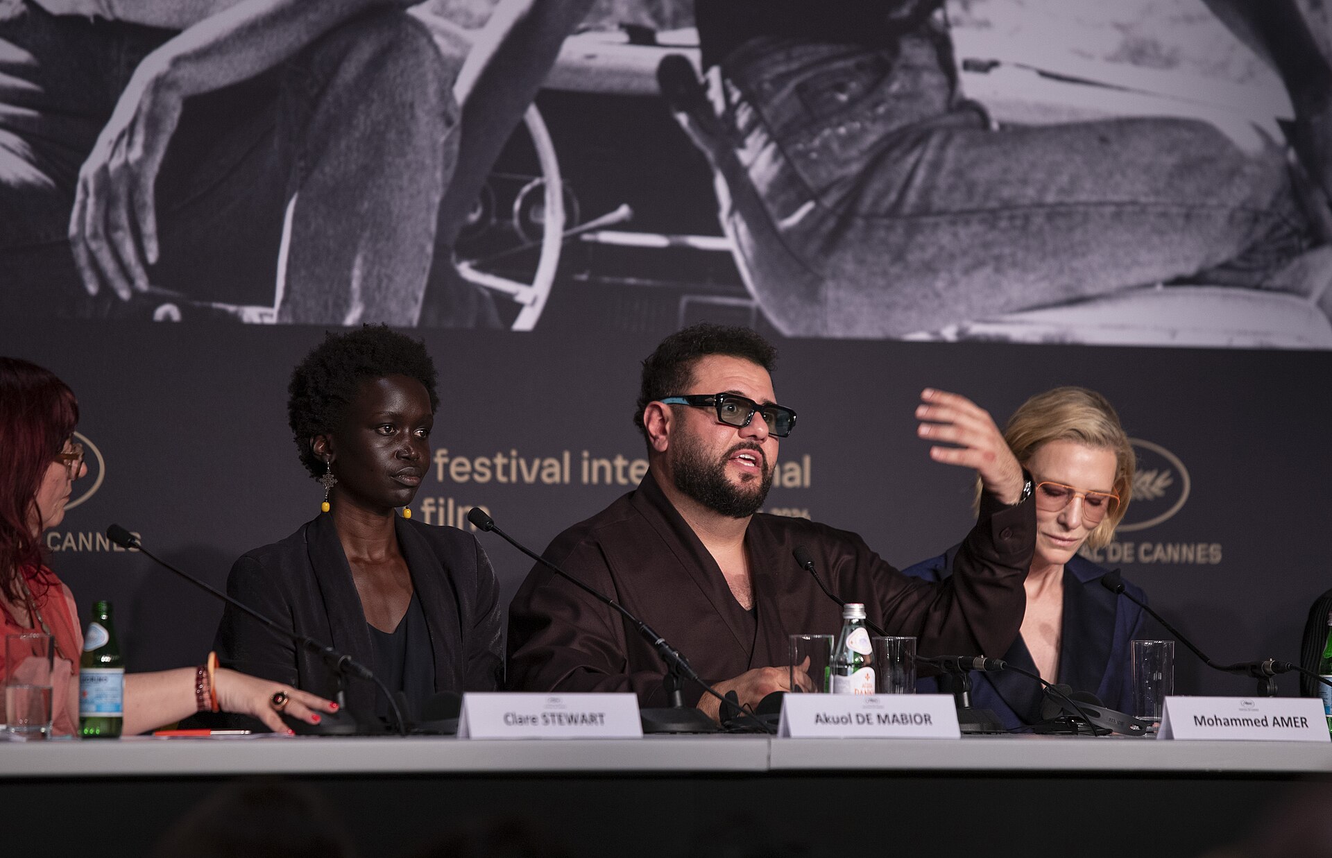 Clare Stewart, Akuol De Mabior, Mohammed Amer, Cate Blanchett at the Displacement Film Fund press conference at 2026 Cannes Film Festival.
