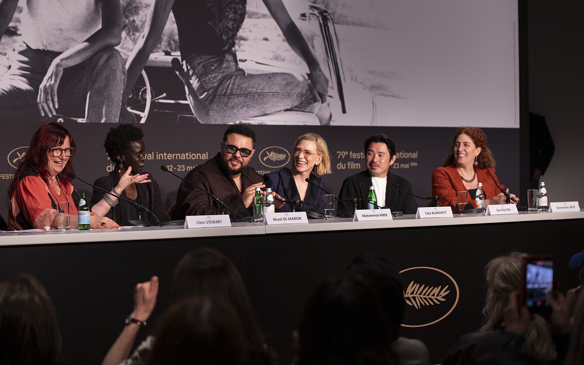 Clare Stewart, Akuol De Mabior, Mohammed Amer, Cate Blanchett, Bao Nguyen, and Annemarie Jacir at the Displacement Film Fund press conference at 2026 Cannes Film Festival.