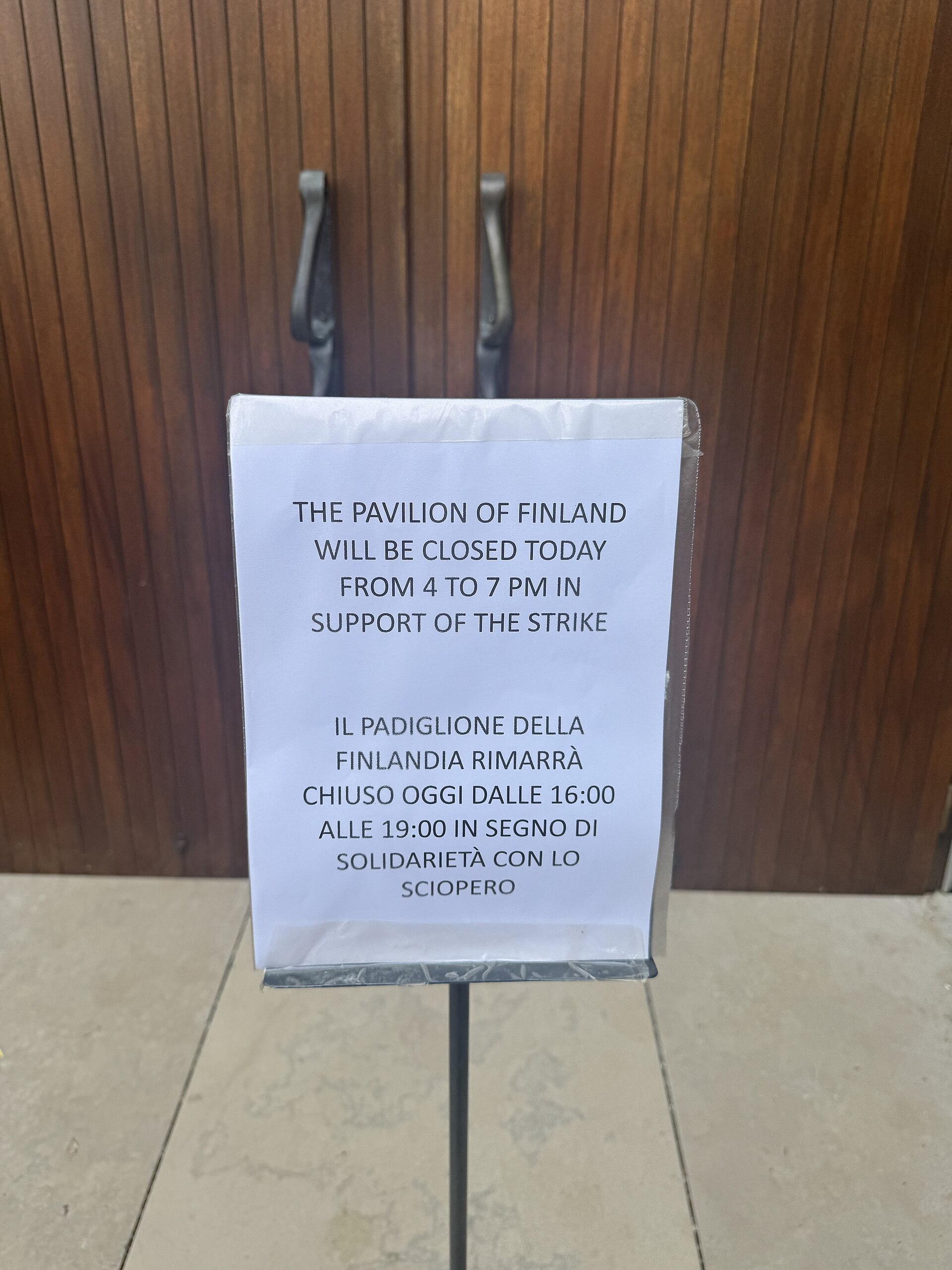 Finnish Pavilion closed late afternoon at the Venice Biennale on May 8, 2026.  to protest the inclusion of Israel in the art exhibition. Numerous pavilions closed for all or part of the day.