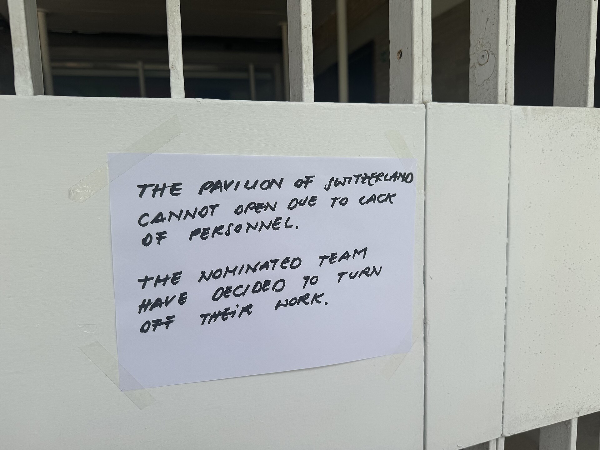Switzerland Pavilion closed late afternoon at the Venice Biennale on May 8, 2026.  to protest the inclusion of Israel in the art exhibition. Numerous pavilions closed for all or part of the day.