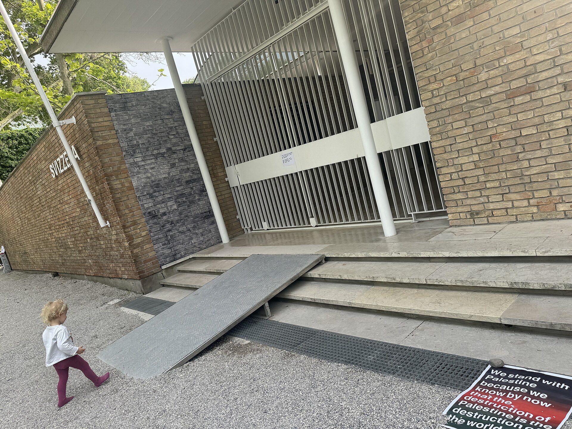 Switzerland Pavilion closed late afternoon at the Venice Biennale on May 8, 2026.  to protest the inclusion of Israel in the art exhibition. Numerous pavilions closed for all or part of the day.
