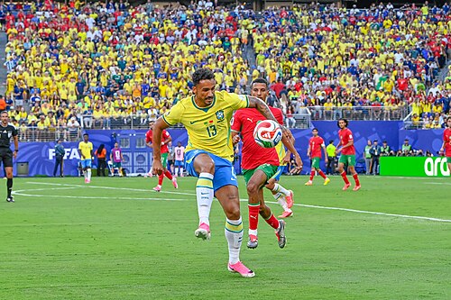 EAST RUTHERFORD, UNITED STATES - June 13: Danilo of Brazil controls the ball during the FIFA World Cup 2026 Group C match between Brazil and Morocco on June 13, 2026
