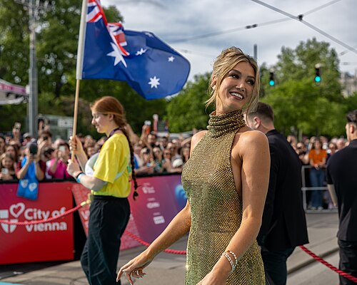 Delta Goodrem representing Australia on the Turquoise Carpet at the 2026 Eurovision Song Contest in Vienna