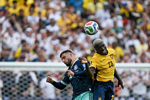 EAST RUTHERFORD, UNITED STATES - June 25: Deniz Undav #26 of Germany battles in the air with Enner Valencia #13 of Ecuador during the FIFA World Cup 2026 Group E match between Ecuador  and  Germany on June 25, 2026 MetLife Stadium, East Rutherford, New Jersey