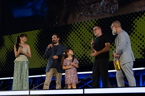Director Dario Albertini and cast on stage to present Armony at the 79th Locarno Film Festival 2026