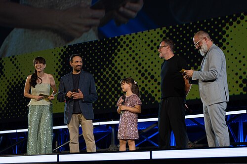 Director Dario Albertini and cast on stage to present Armony at the 79th Locarno Film Festival 2026