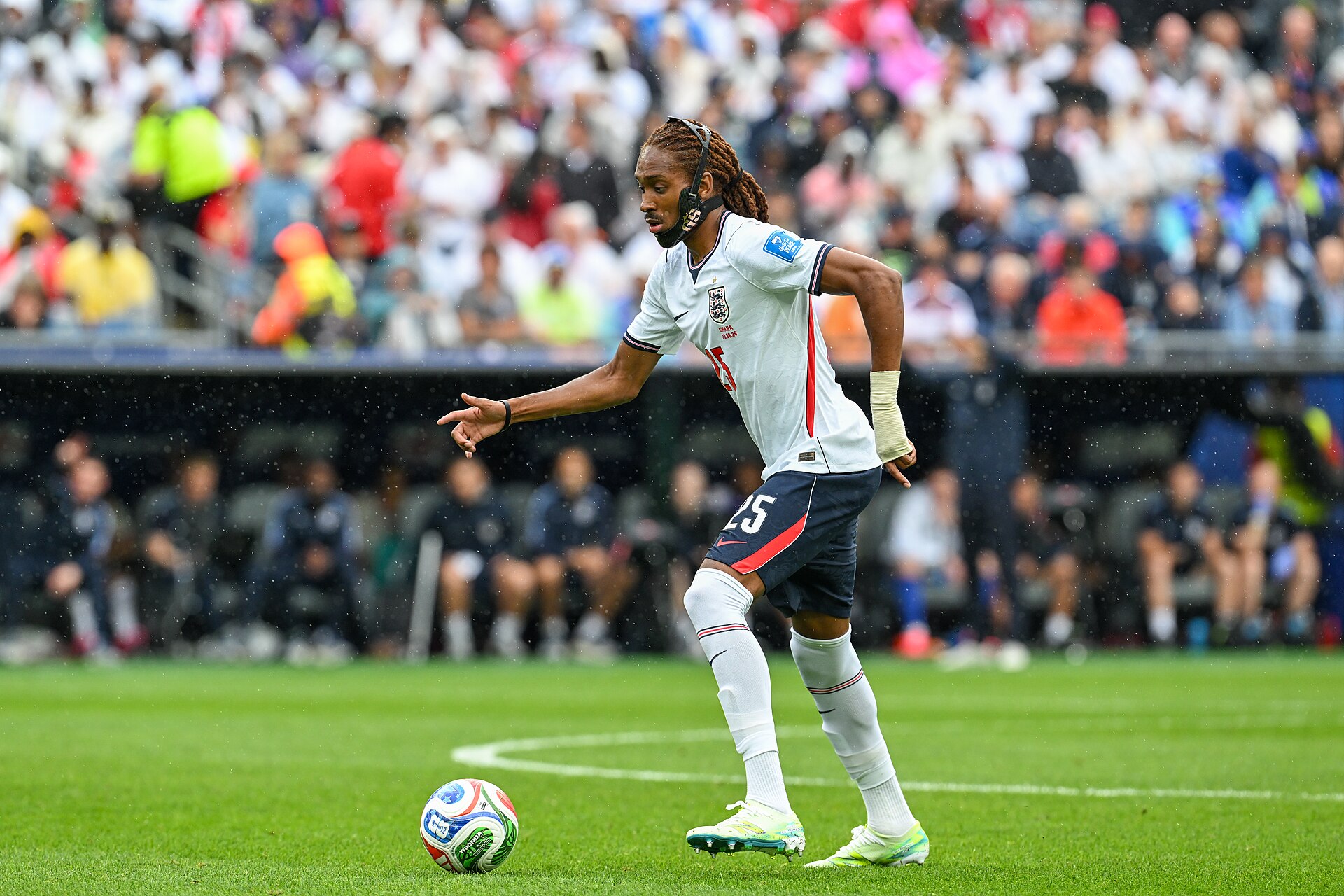 FOXBOROUGH, UNITED STATES - June 23: Djed Spence #25 of England during the FIFA World Cup 2026 Group L match between England and Ghana on June 23, 2026 Boston Stadium , Foxborough, Massachusetts